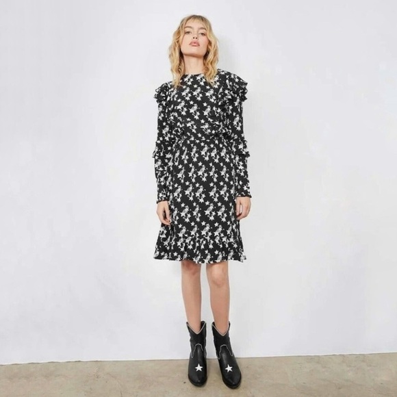 NEW Anine Bing Cleo Silk Stars Ruffled Dress Black White Small - Picture 1 of 16